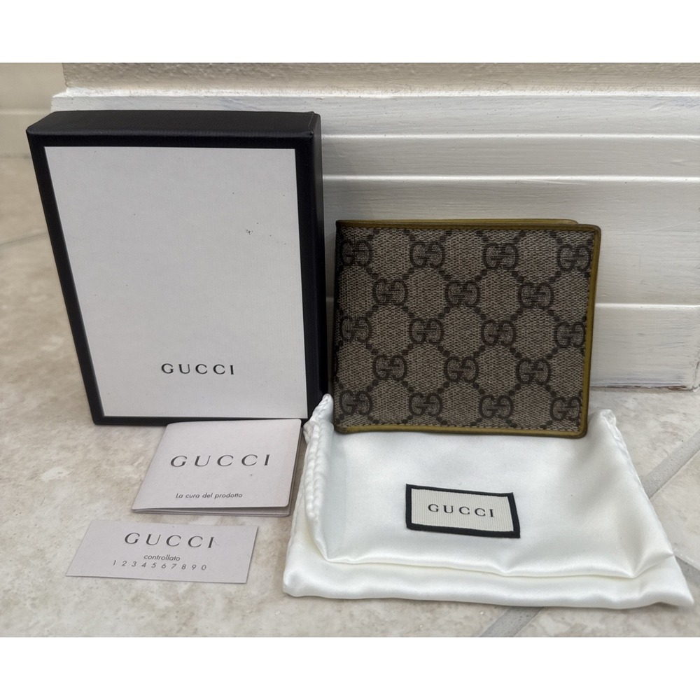 Gucci Men Wallet GG Mustard Yellow Leather‎ Inside Signature Canvas Box Bag Card